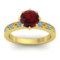 Garnet Ring In 18k Yellow Gold With Swiss Blue Topaz And Citrine Jalika-7 Round Classic Ring