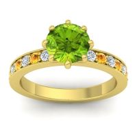 Peridot Ring In 14k Yellow Gold With Lab Diamond And Citrine Jalika-7 Round Classic Ring