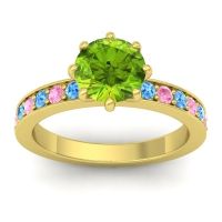 Peridot Ring In 14k Yellow Gold With Swiss Blue Topaz And Pink Tourmaline Jalika-7 Round Classic Ring