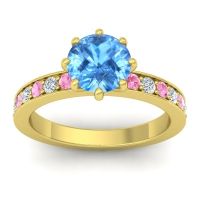 Swiss Blue Topaz Ring In 14k Yellow Gold With Pink Tourmaline And Lab Diamond Jalika-7 Round Classic Ring
