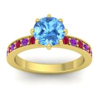 Swiss Blue Topaz Ring In 14k Yellow Gold With Ruby And Amethyst Jalika-7 Round Classic Ring