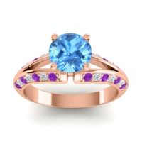 Swiss Blue Topaz Ring In 18K Rose Gold With Amethyst And Lab Diamond Udaya Round Modern Ring