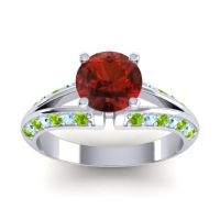Garnet Ring In Palladium With Peridot And Aquamarine Udaya Round Modern Ring