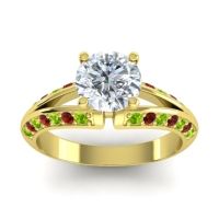 Diamond Ring In 14k Yellow Gold With Peridot And Garnet Udaya Round Modern Ring