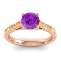 Amethyst Ring In 18K Rose Gold With Citrine And Lab Diamond Valimat Round Classic Ring