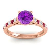 Amethyst Ring In 14K Rose Gold With Lab Diamond And Ruby Valimat Round Classic Ring