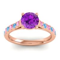 Amethyst Ring In 18K Rose Gold With Pink Tourmaline And Swiss Blue Topaz Valimat Round Classic Ring