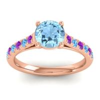 Aquamarine Ring In 18K Rose Gold With Amethyst And Swiss Blue Topaz Valimat Round Classic Ring
