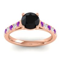 Black Onyx Ring In 18K Rose Gold With Amethyst And Lab Diamond Valimat Round Classic Ring