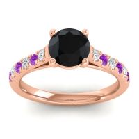 Black Onyx Ring In 18K Rose Gold With Lab Diamond And Amethyst Valimat Round Classic Ring