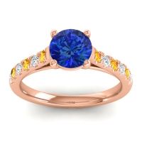 Lab Blue Sapphire Ring In 18K Rose Gold With Citrine And Lab Diamond Valimat Round Classic Ring