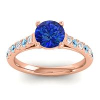 Lab Blue Sapphire Ring In 14K Rose Gold With Lab Diamond And Aquamarine Valimat Round Classic Ring