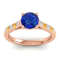 Lab Blue Sapphire Ring In 14K Rose Gold With Diamond And Citrine Valimat Round Classic Ring