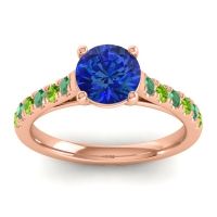 Lab Blue Sapphire Ring In 14K Rose Gold With Emerald And Peridot Valimat Round Classic Ring