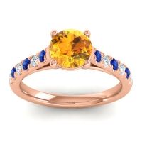 Citrine Ring In 18K Rose Gold With Blue Sapphire And Lab Diamond Valimat Round Classic Ring