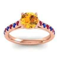 Citrine Ring In 18K Rose Gold With Ruby And Blue Sapphire Valimat Round Classic Ring