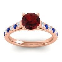 Garnet Ring In 14K Rose Gold With Diamond And Blue Sapphire Valimat Round Classic Ring