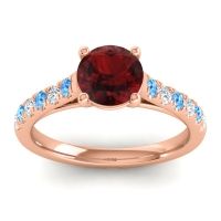 Garnet Ring In 18K Rose Gold With Swiss Blue Topaz And Lab Diamond Valimat Round Classic Ring