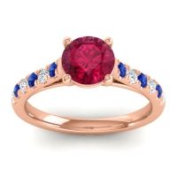 Lab Ruby Ring In 18K Rose Gold With Blue Sapphire And Lab Diamond Valimat Round Classic Ring