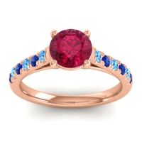 Lab Ruby Ring In 18K Rose Gold With Swiss Blue Topaz And Blue Sapphire Valimat Round Classic Ring