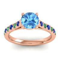 Swiss Blue Topaz Ring In 14K Rose Gold With Blue Sapphire And Emerald Valimat Round Classic Ring