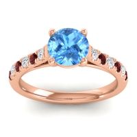 Swiss Blue Topaz Ring In 18K Rose Gold With Lab Diamond And Garnet Valimat Round Classic Ring