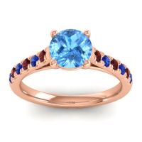 Swiss Blue Topaz Ring In 18K Rose Gold With Garnet And Blue Sapphire Valimat Round Classic Ring