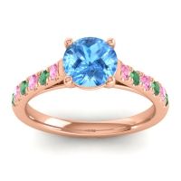Swiss Blue Topaz Ring In 18K Rose Gold With Pink Tourmaline And Emerald Valimat Round Classic Ring