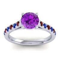 Amethyst Ring In Platinum With Garnet And Blue Sapphire Valimat Round Classic Ring