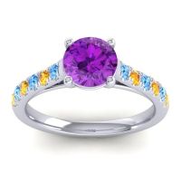 Amethyst Ring In 18k White Gold With Swiss Blue Topaz And Citrine Valimat Round Classic Ring