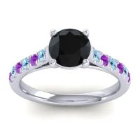 Black Onyx Ring In Platinum With Aquamarine And Amethyst Valimat Round Classic Ring