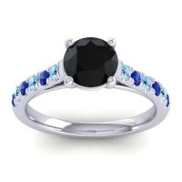 Black Onyx Ring In Platinum With Aquamarine And Blue Sapphire Valimat Round Classic Ring