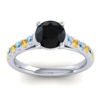 Black Onyx Ring In Palladium With Aquamarine And Citrine Valimat Round Classic Ring