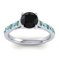 Black Onyx Ring In Platinum With Emerald And Aquamarine Valimat Round Classic Ring