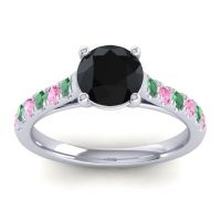 Black Onyx Ring In Platinum With Emerald And Pink Tourmaline Valimat Round Classic Ring