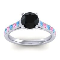 Black Onyx Ring In Palladium With Swiss Blue Topaz And Pink Tourmaline Valimat Round Classic Ring
