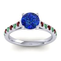 Lab Blue Sapphire Ring In Palladium With Garnet And Emerald Valimat Round Classic Ring