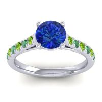 Lab Blue Sapphire Ring In 14k White Gold With Peridot And Emerald Valimat Round Classic Ring