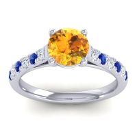 Citrine Ring In 18k White Gold With Lab Diamond And Blue Sapphire Valimat Round Classic Ring