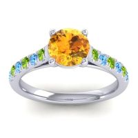 Citrine Ring In Platinum With Peridot And Swiss Blue Topaz Valimat Round Classic Ring