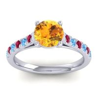 Citrine Ring In Platinum With Ruby And Swiss Blue Topaz Valimat Round Classic Ring