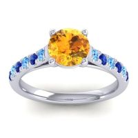 Citrine Ring In 18k White Gold With Swiss Blue Topaz And Blue Sapphire Valimat Round Classic Ring