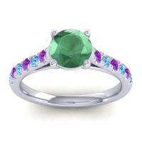 Lab Emerald Ring In 14k White Gold With Amethyst And Swiss Blue Topaz Valimat Round Classic Ring