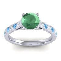 Lab Emerald Ring In Platinum With Lab Diamond And Swiss Blue Topaz Valimat Round Classic Ring