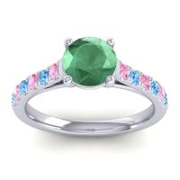 Lab Emerald Ring In Palladium With Pink Tourmaline And Swiss Blue Topaz Valimat Round Classic Ring