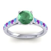 Lab Emerald Ring In 14k White Gold With Swiss Blue Topaz And Amethyst Valimat Round Classic Ring