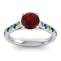 Garnet Ring In 18k White Gold With Peridot And Blue Sapphire Valimat Round Classic Ring