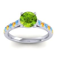 Peridot Ring In Platinum With Swiss Blue Topaz And Citrine Valimat Round Classic Ring