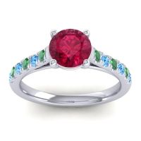 Lab Ruby Ring In Platinum With Emerald And Swiss Blue Topaz Valimat Round Classic Ring