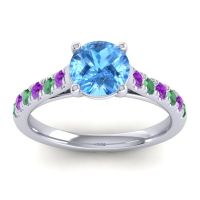 Swiss Blue Topaz Ring In 18k White Gold With Amethyst And Emerald Valimat Round Classic Ring